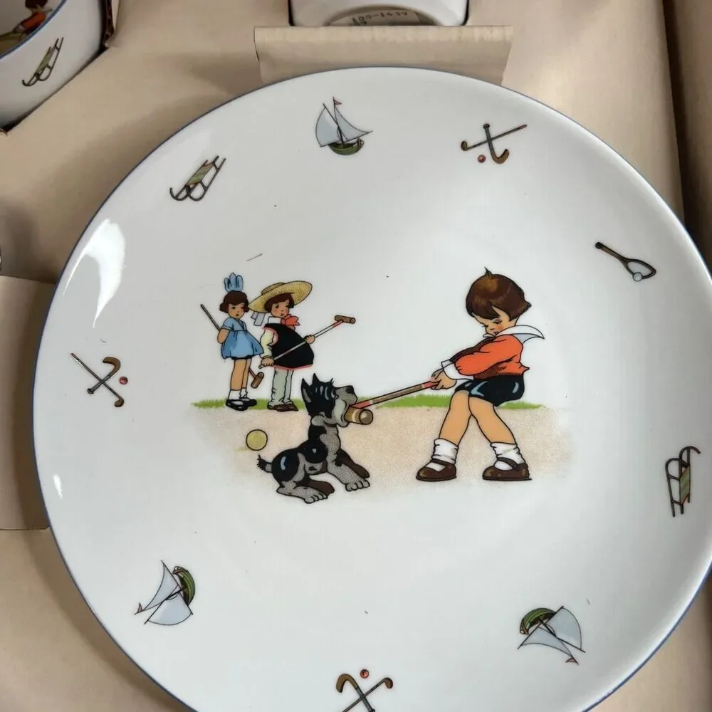 NIB Pier 1 Imports Children Playing Games Croquet Dog Complete Plate Bowl Cup Se